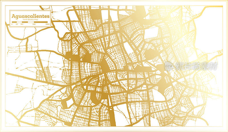 阿瓜斯卡连特斯墨西哥城地图在复古风格在金色。略图。