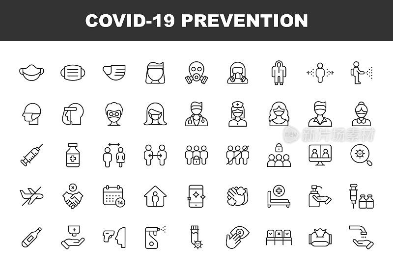 2019冠状病毒病预防线图标。可编辑的中风。像素完美。移动和网络。包含如口罩，遮阳，消毒，医生，老年人，注射器，药物，药房，视频会议，旅行禁令，留在家里，疫苗。
