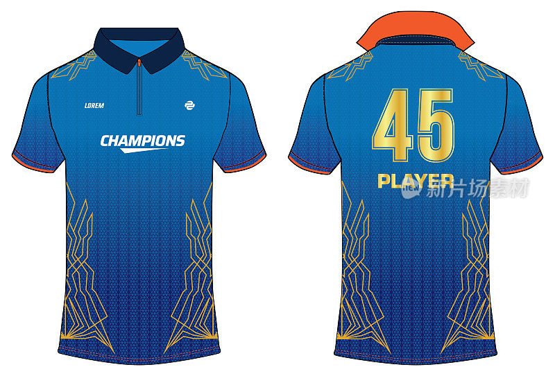 运动运动衫t恤设计概念矢量模板，板球运动衫概念与前和后为孟买印度jersey