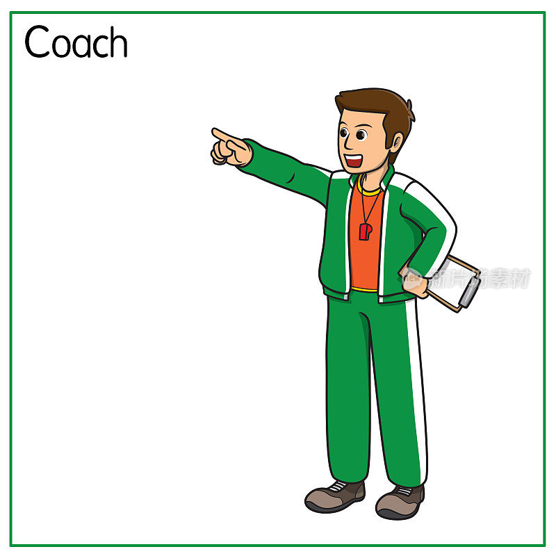 矢量插图的教练教练孤立在白色背景。工作和职业概念。卡通人物。教育和学校儿童涂色页，可打印，活动，工作表，抽认卡。