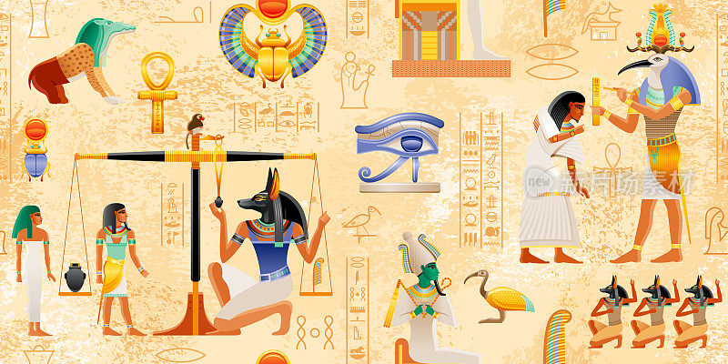 带有法老元素的埃及纸莎草:圣甲虫太阳。古代历史的艺术。埃及神话无缝模式从死亡之书。神阿努比斯称重心脏-奥西里斯死后仪式