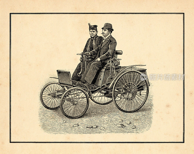 一对夫妇驾驶着古董汽车和汽油发动机1897年