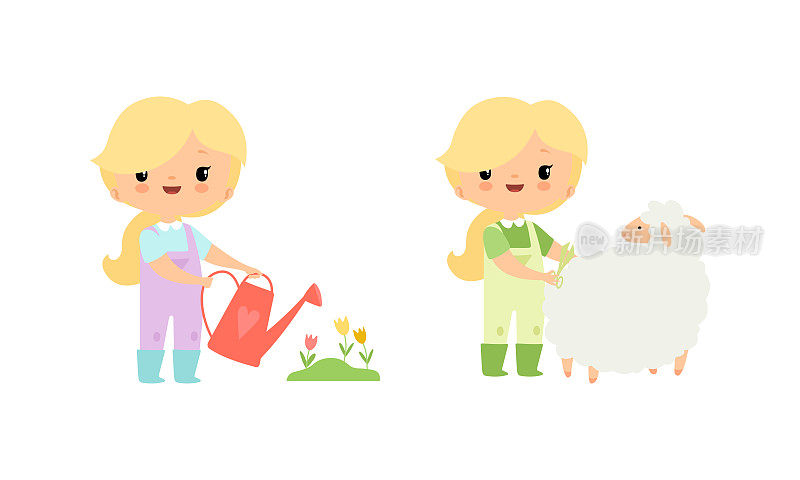 穿着连衣裤的金发小女孩在农场浇花和剪羊向量集