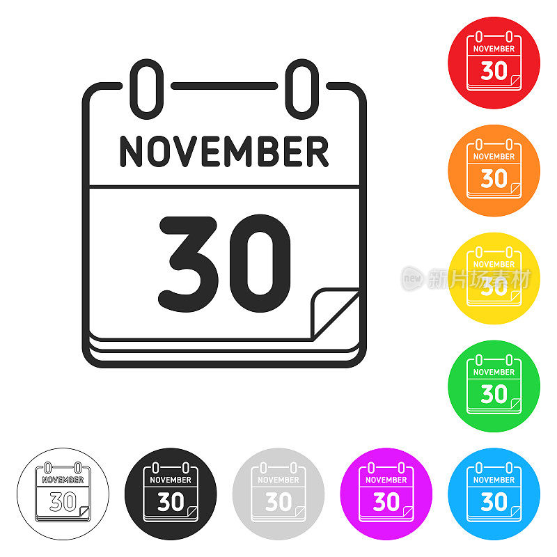 11月30日。按钮上不同颜色的平面图标