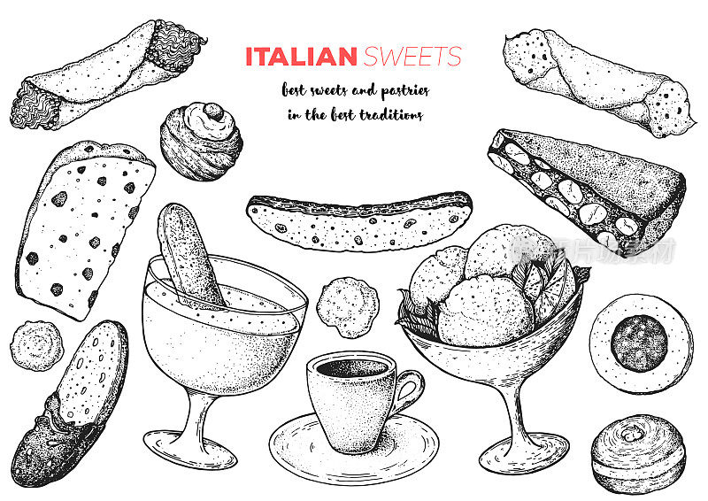 意大利甜点矢量插图。意大利美食手绘草图。烘焙集合。复古设计模板。奶油甜馅煎饼卷，萨巴廖内，意大利脆饼，意式冰淇淋，潘福特，bombolone，齐普波尔，潘妮托内速写。
