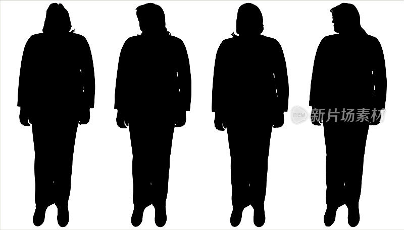 女人剪影在黑色孤立在白色背景上。四个女人站成一排。前视图。一群人朝不同的方向看。穿着西装裤的办公室职员