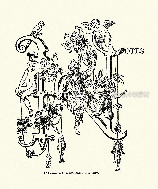 大写字母N，注释，首字母，图案，天使，赏金，19世纪维多利亚风格