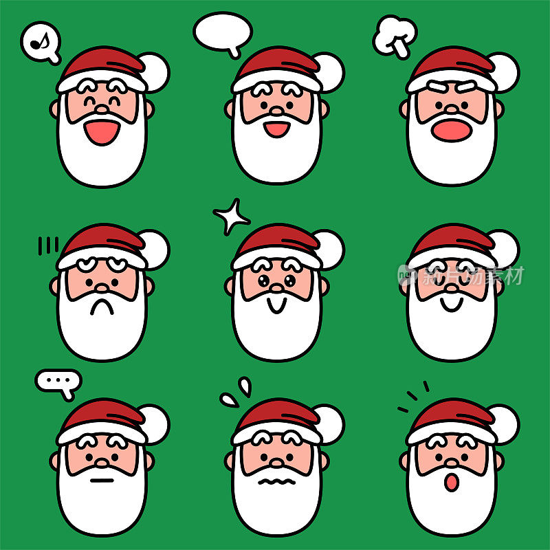 一套可爱的圣诞老人与九个面部表情颜色柔和色调的圣诞图标