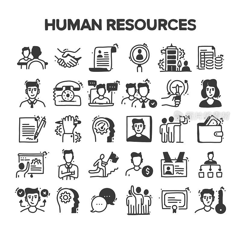 人力资源相关的手绘矢量涂鸦图标集