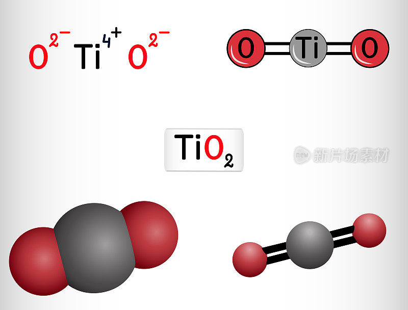 二氧化钛,分子。采用TiO2配方的氧化钛，原料为钛铁矿、金红石、锐钛矿。用作食品添加剂E171。结构化学式，分子模型
