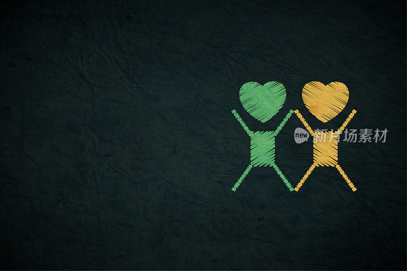 一个深黑色的水平矢量背景，两个抽象的字符或象征性的人，幸福的夫妇或家庭，丈夫妻子，兄弟姐妹或朋友的脸作为心脏形状，鲜艳的黄色和绿色潦草粉笔画