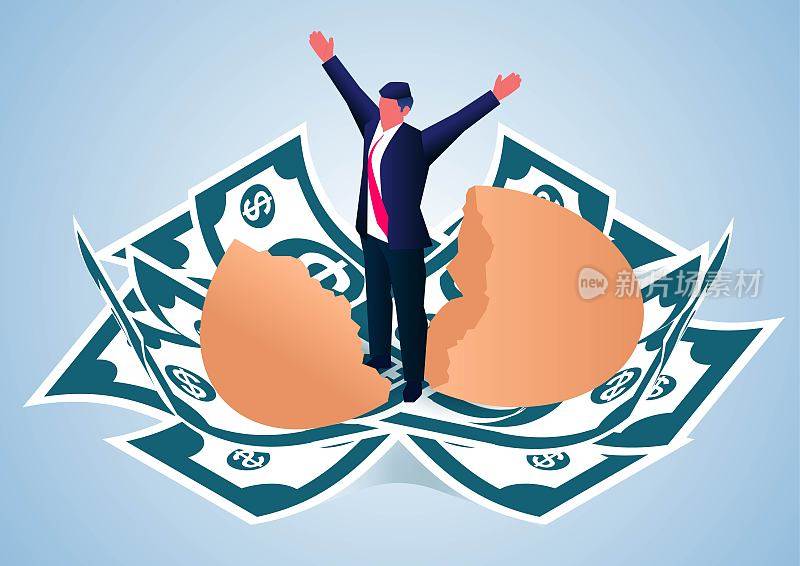 商人成功破壳而出钞票上孵出的鸡蛋，成功的商人与成功的商人，商业理念插画