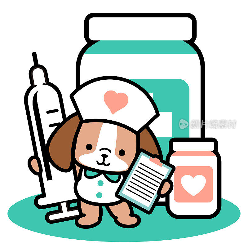 一个可爱的狗护士站在大药瓶前,拿着一个大注射器和医疗记录