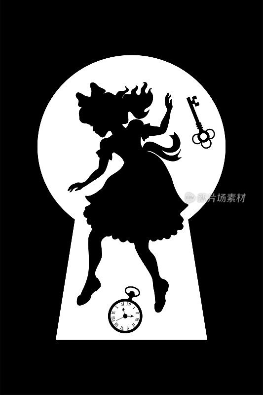 爱丽丝从钥匙孔掉进了兔子洞。仙境的矢量插图。白色背景上孤立的黑色轮廓