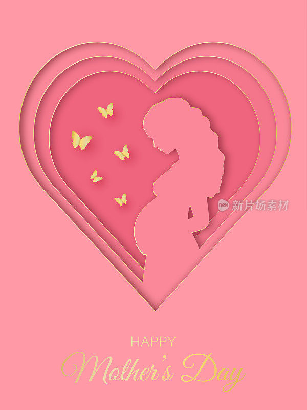 剪纸风格的母亲节贺卡。美丽的孕妇和粉红色背景上的金色蝴蝶。