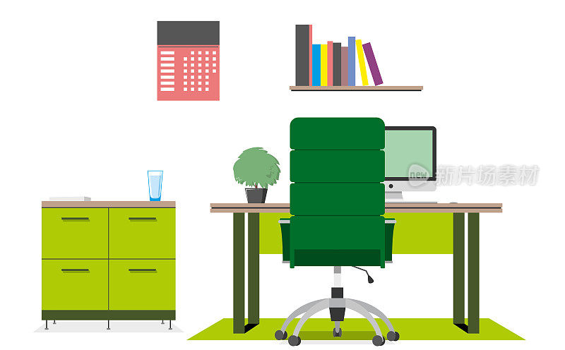 现代办公室的工作场所。内阁。创意工作空间，办公室内部。现代的计算机协同办公中心。彩色绿色矢量插图