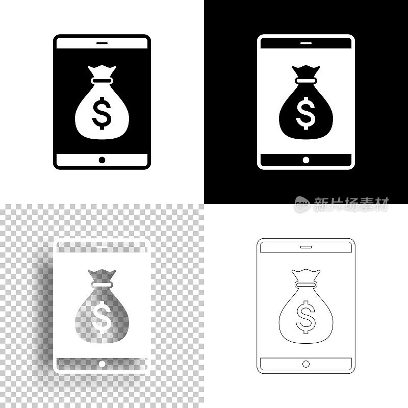 带钱袋的平板电脑。图标设计。空白，白色和黑色背景-线图标