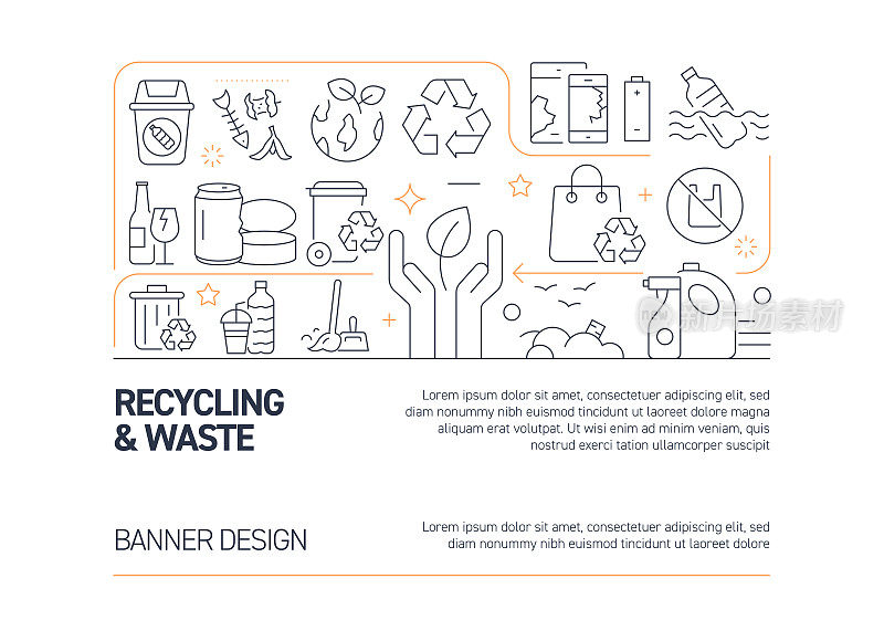 回收相关矢量横幅设计概念，现代线条风格与图标