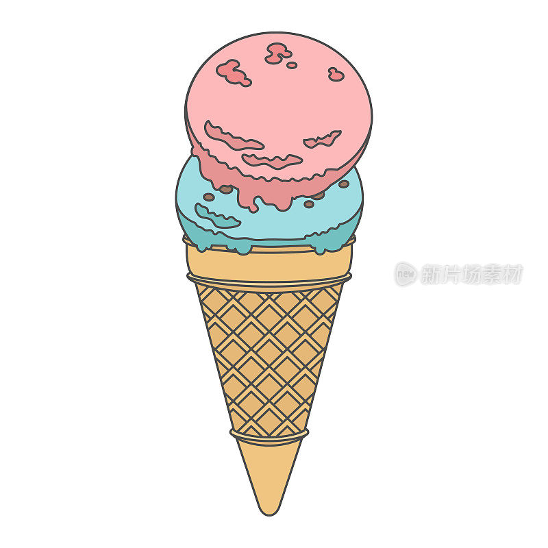 手绘风格矢量插图的草莓和薄荷巧克力片冰淇淋孤立的背景。