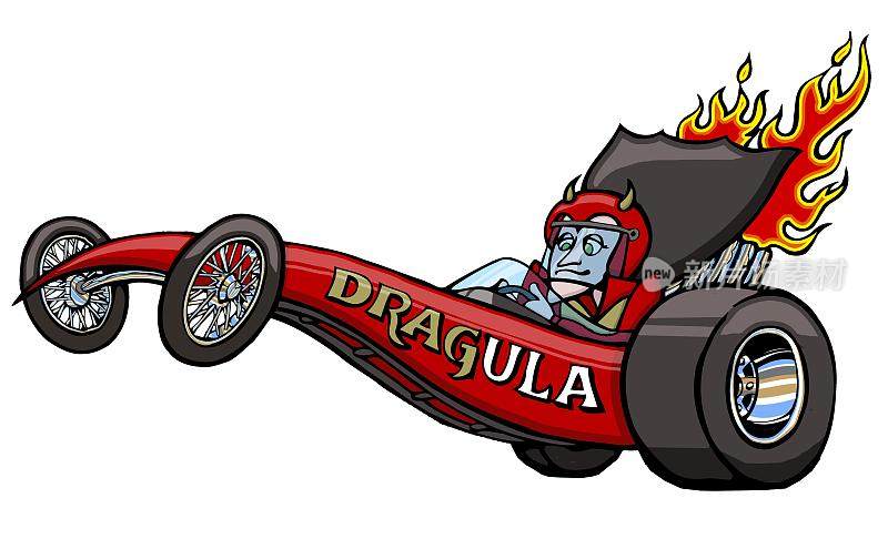 卡通吸血鬼开着一辆血红的赛车