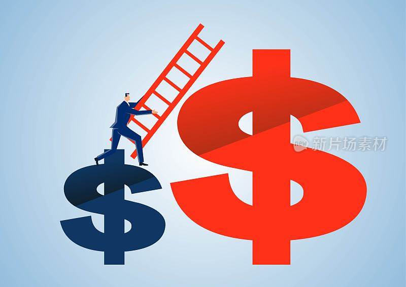 商人拿着梯子站在小美元符号上，试图爬到大美元符号上，获得更大的收入和利润，获得更大的商业成功