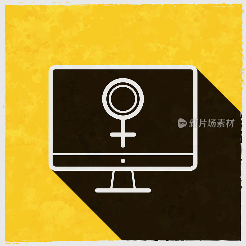 带有女性符号的台式电脑。图标与长阴影的纹理黄色背景