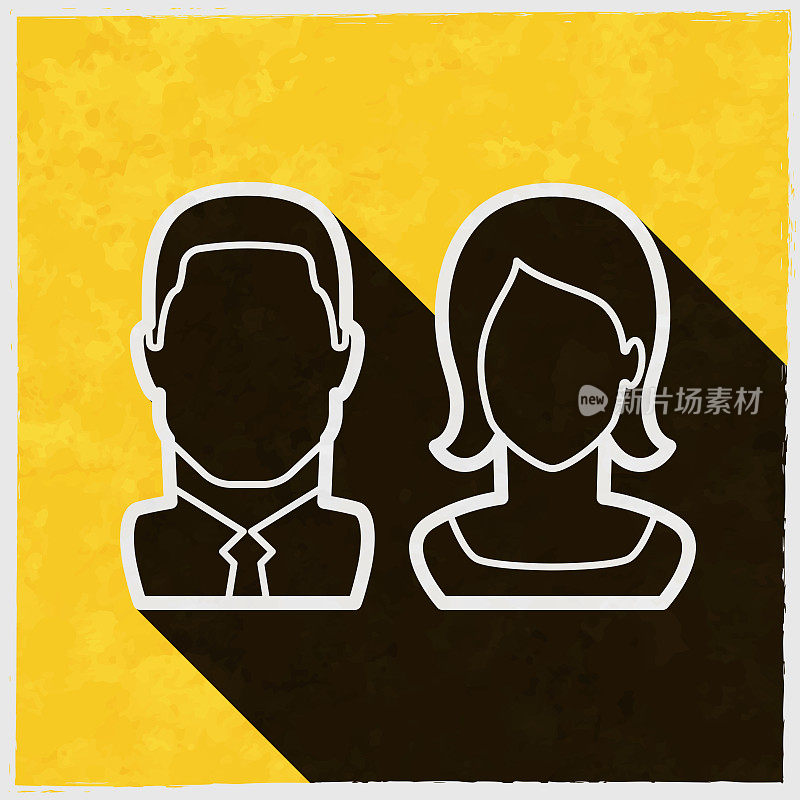 商人男人和女人。图标与长阴影的纹理黄色背景