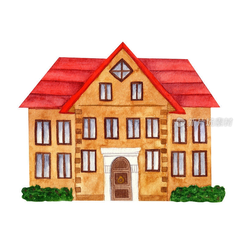 水彩插图。红屋顶的房子。为和明信片设计