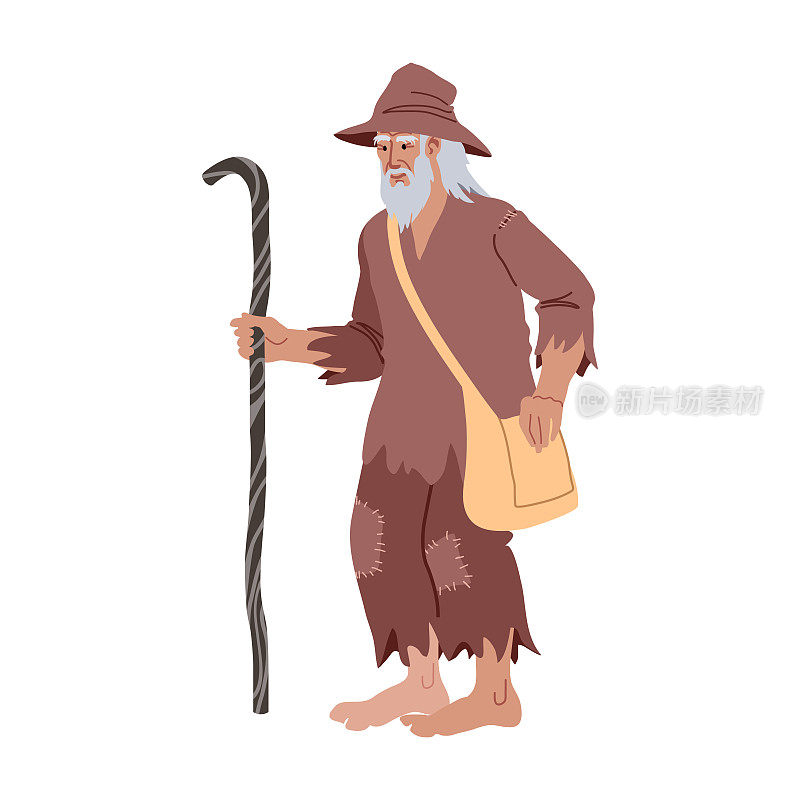 一个拄着拐杖拎着旅行袋走路的老流浪汉。可怜的衣衫褴褛的人。