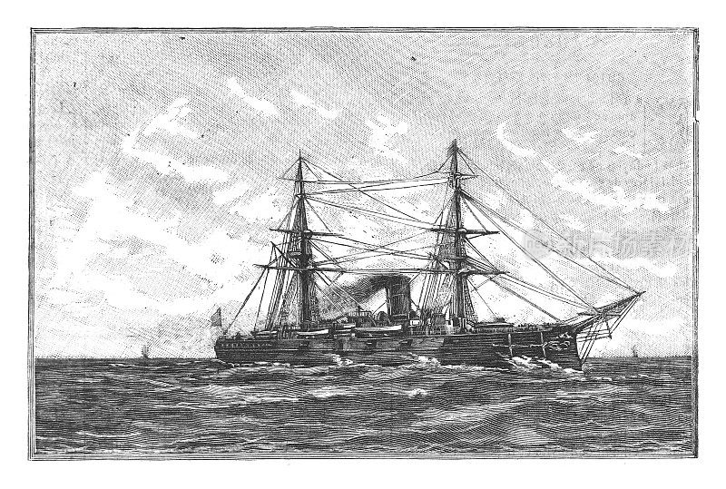 俄罗斯蒸汽船海军上将纳希莫夫-古董雕刻插图孤立在白色背景