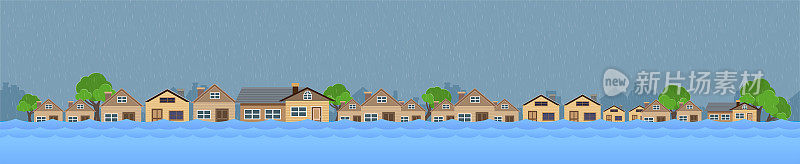 洪水自然灾害带房屋，暴雨和风暴，破坏与家园，云和雨，洪水在城市，横横幅。