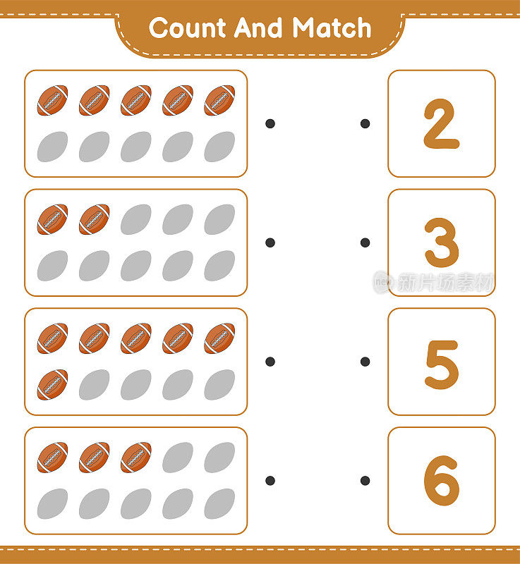 计算和比赛，计算榄球的数目，并以正确的数字进行比赛。教育儿童游戏，可打印的工作表，矢量插图