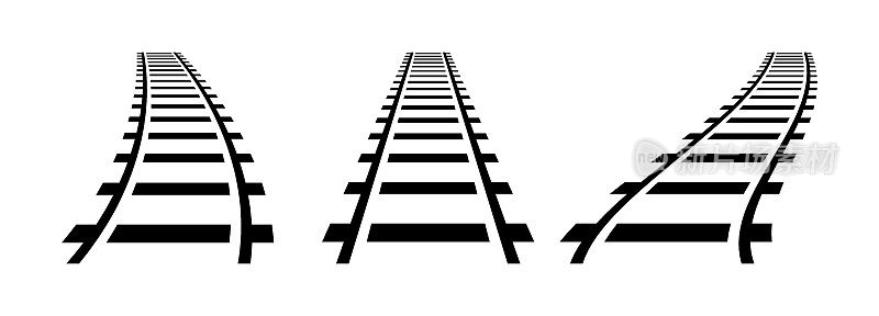 矢量插图曲线铁路孤立在白色背景。直线和曲线铁路列车轨道图标集。透视视图铁路列车路径。