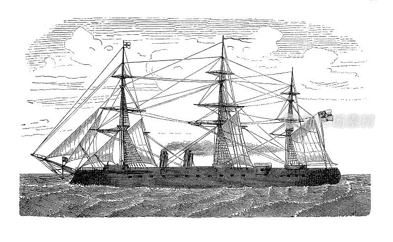 铁甲战舰科尼格·威廉号，普鲁士和后来的德国帝国海军的装甲护卫舰，帆和蒸汽机船于1865年下水