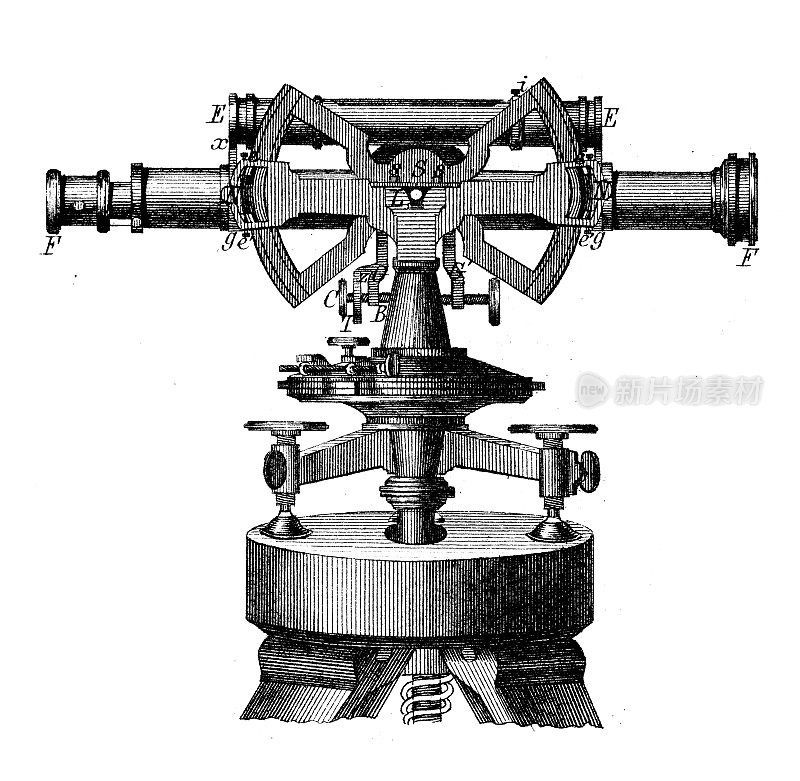 古董插图，数学和几何:大地测量学，望远镜水平