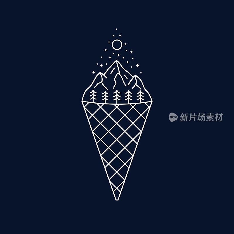 冰淇淋和山的单线艺术组合插画设计，贴片徽章设计，徽章，t恤设计