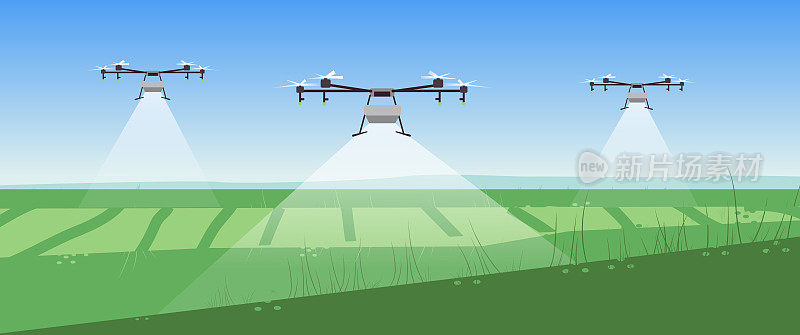 无人机控制的智能农场示意图。农业企业创新技术。自动化的农业。模板用于网页，打印，报告。