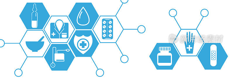 平面风格的远程医疗、保健和急救概念。医学图标设置在孤立的白色背景六边形。为web应用程序，演示文稿，打印的创意医学插图。