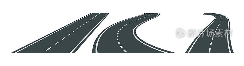 弯曲道路的矢量插图与白色背景上的白色标记隔离。远景中的柏油路。空的直线和弯曲的公路集合。