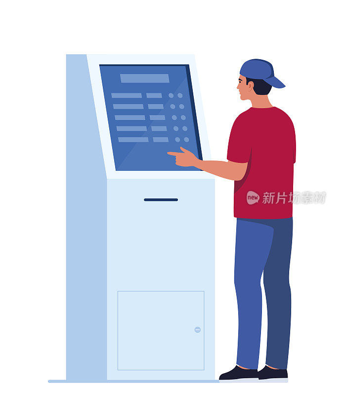 男子使用自助支付和信息电子终端的触摸屏。平面风格的矢量插图。