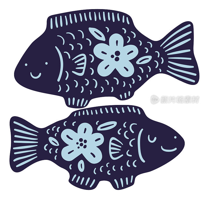 鱼的剪影与花卉神秘的模式。双鱼座的符号