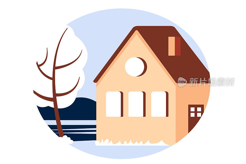 冬季景观与乡村别墅。漂亮的背景图片。矢量插图。