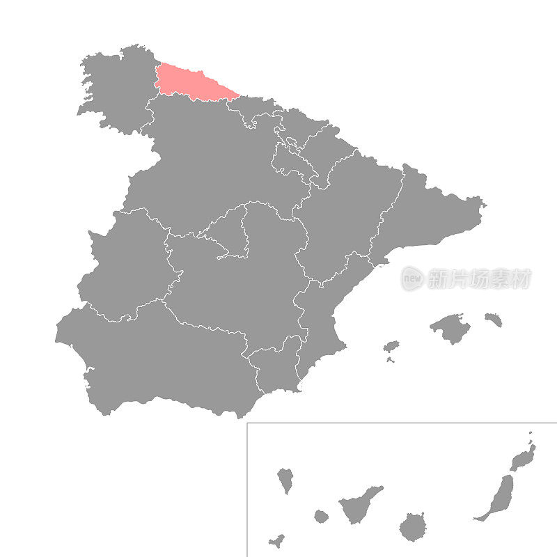 阿斯图里亚斯地图，西班牙地区。矢量插图。