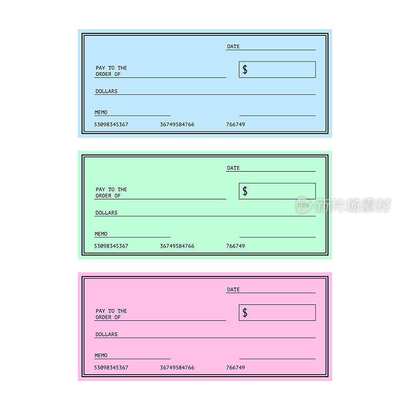 空白支票。财务付款。支票簿模板。矢量股票插图。