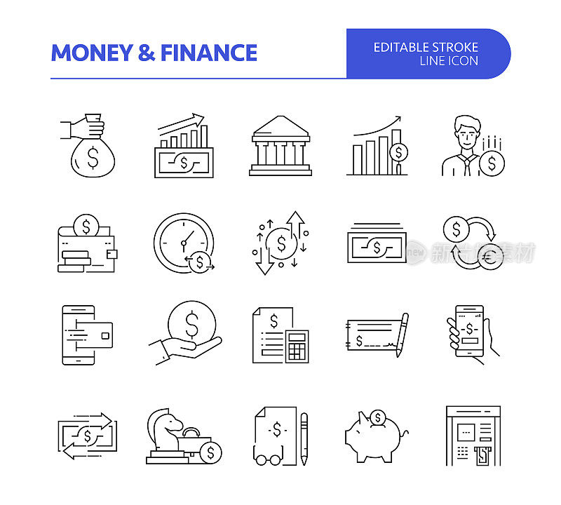 货币和金融相关的线矢量图标集。可编辑的中风。银行，贷款，货币，投资，抵押。