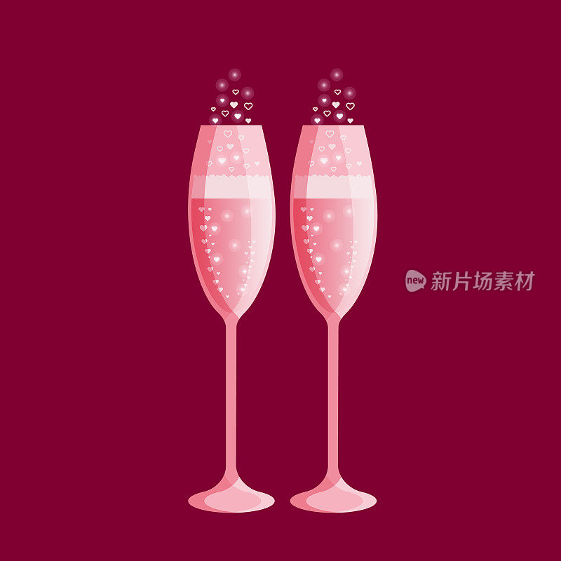 两杯粉红色的香槟，在栗色的背景上气泡孤立。