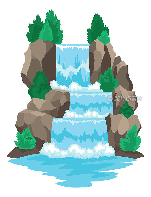 卡通河瀑布瀑布。有山有树的景观。旅游宣传册或插画手游设计元素。淡水