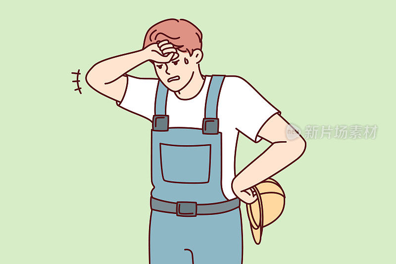 疲惫的大汗淋漓的男人穿着工作服和安全帽擦拭额头。矢量图