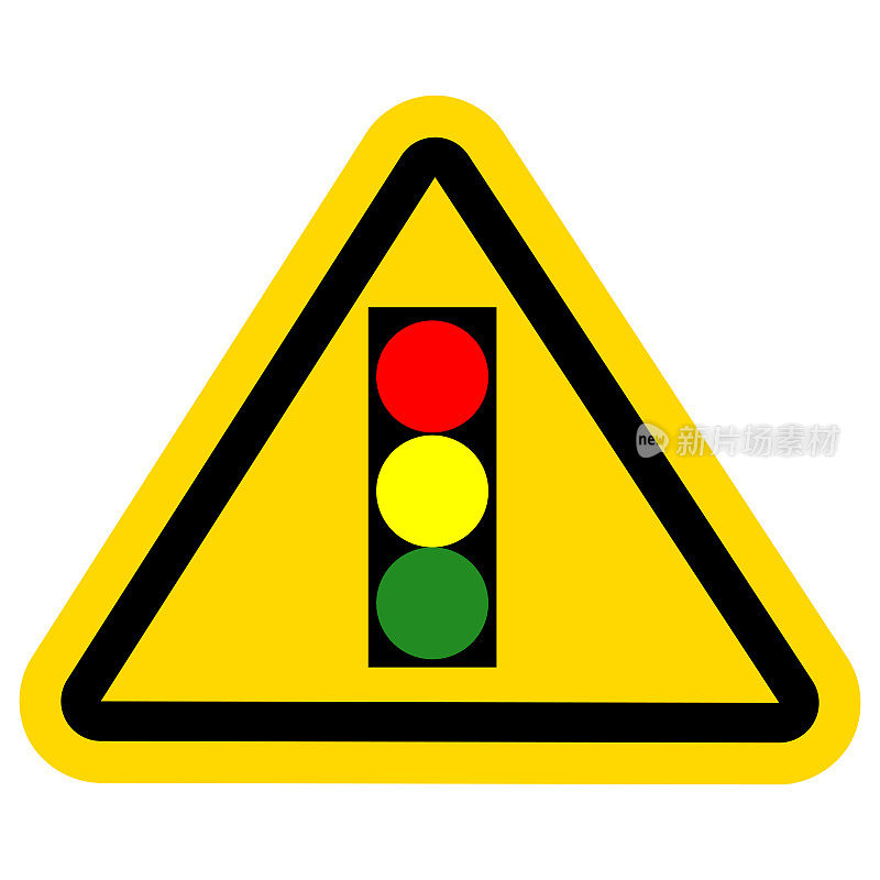 交通灯图标上有黄色三角形标志。孤立在白色背景上。