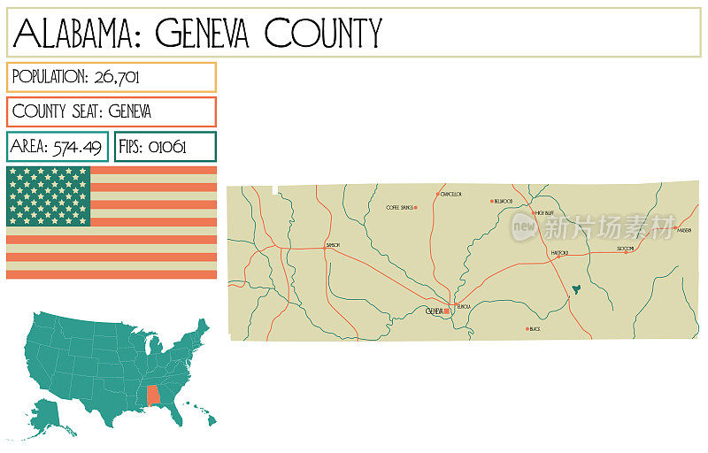 美国阿拉巴马州的日内瓦县地图。